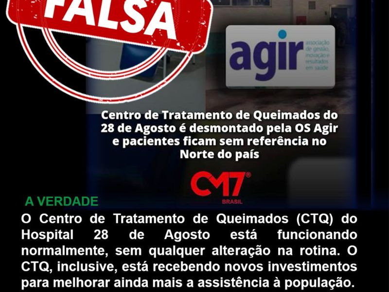 Fake news: boato sobre desativação do Centro de Queimados do Hospital 28 de Agosto é desmentido